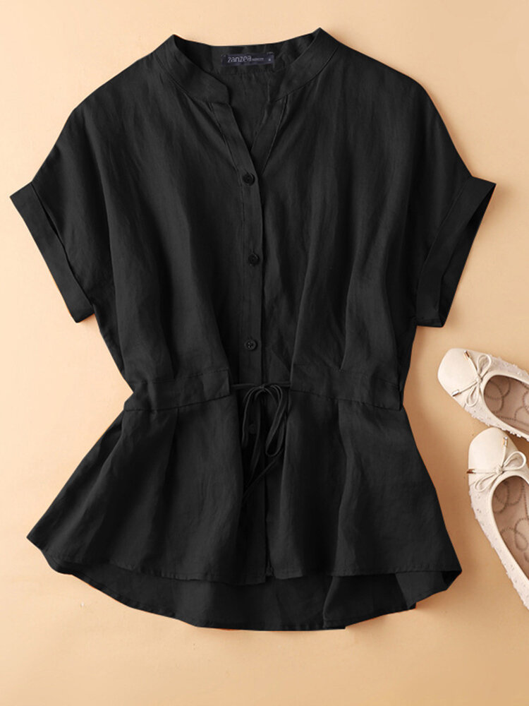 Solid Button Drawstring V Neck Roll Sleeve Casual Cotton Blouse Solid Button Drawstring V Neck Roll Sleeve Casual Cotton Blouse