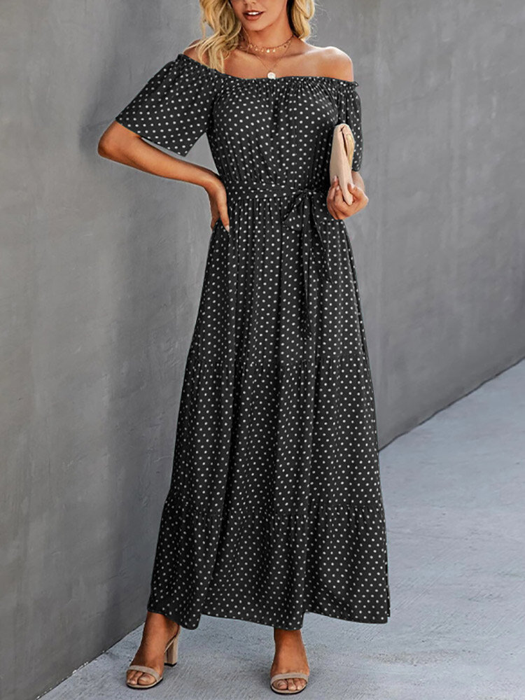 Dot Print Off Shoulder Short Sleeve Dress With Belt Dot Print Off Shoulder Short Sleeve Dress With Belt