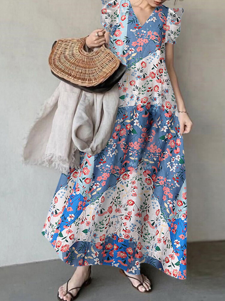 Leisure Calico Ruffle V Neck Maxi Dress