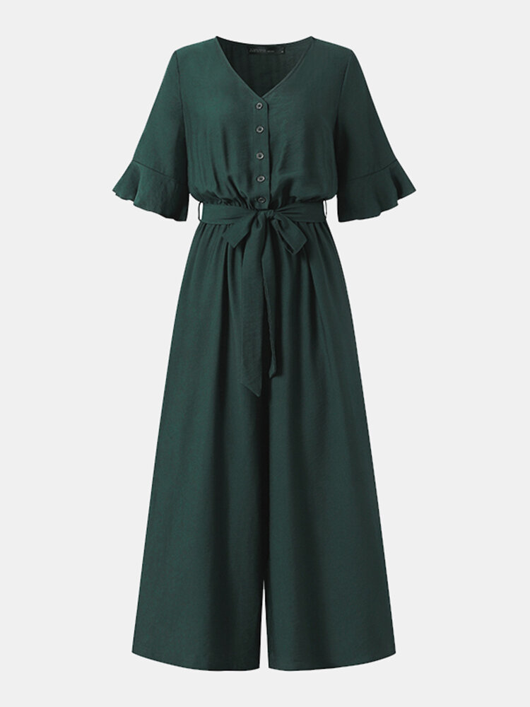 Solid Belt Pocket Button Ruffle Sleeve V  neck Jumpsuit