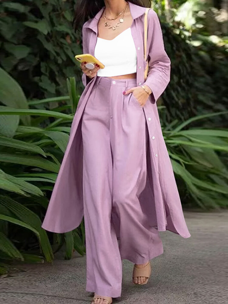 Solid Pocket Button Lapel Long Sleeve Two Pieces Set Women Solid Pocket Button Lapel Long Sleeve Two Pieces Set Women