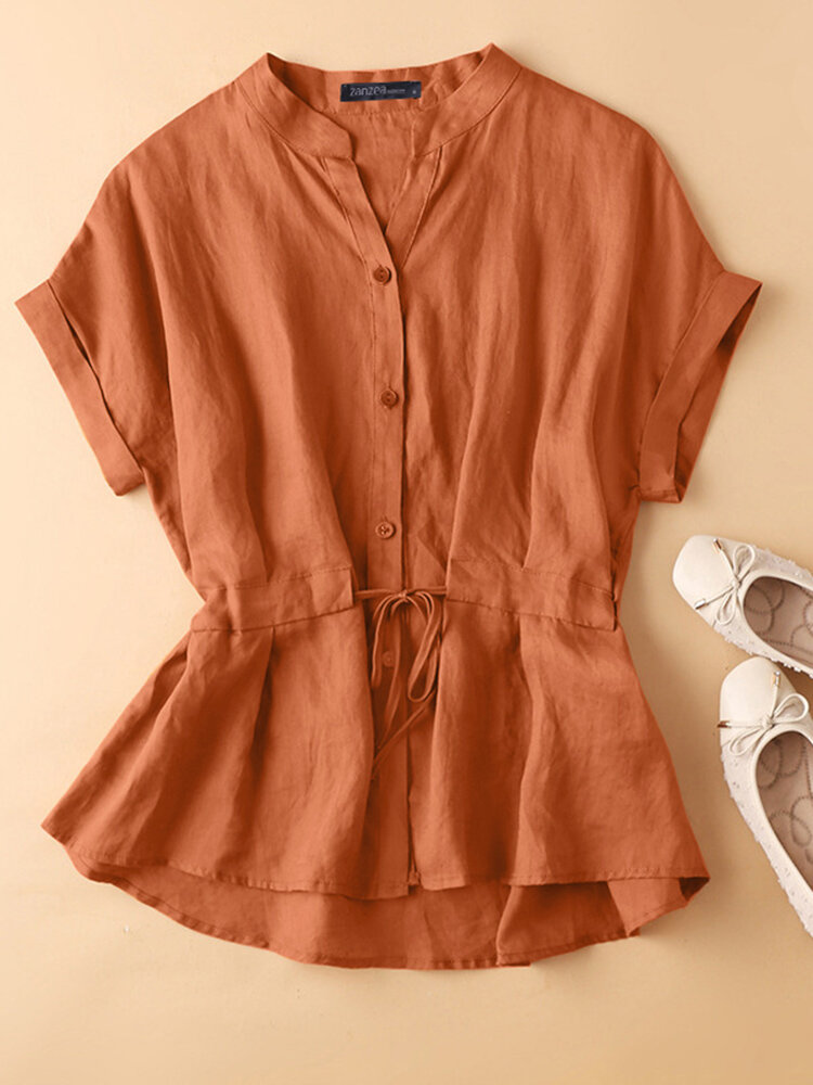 Solid Button Drawstring V Neck Roll Sleeve Casual Cotton Blouse