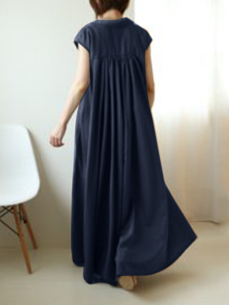 Solid Button Lapel Ruched Short Sleeve Maxi Shirt Dress Solid Button Lapel Ruched Short Sleeve Maxi Shirt Dress