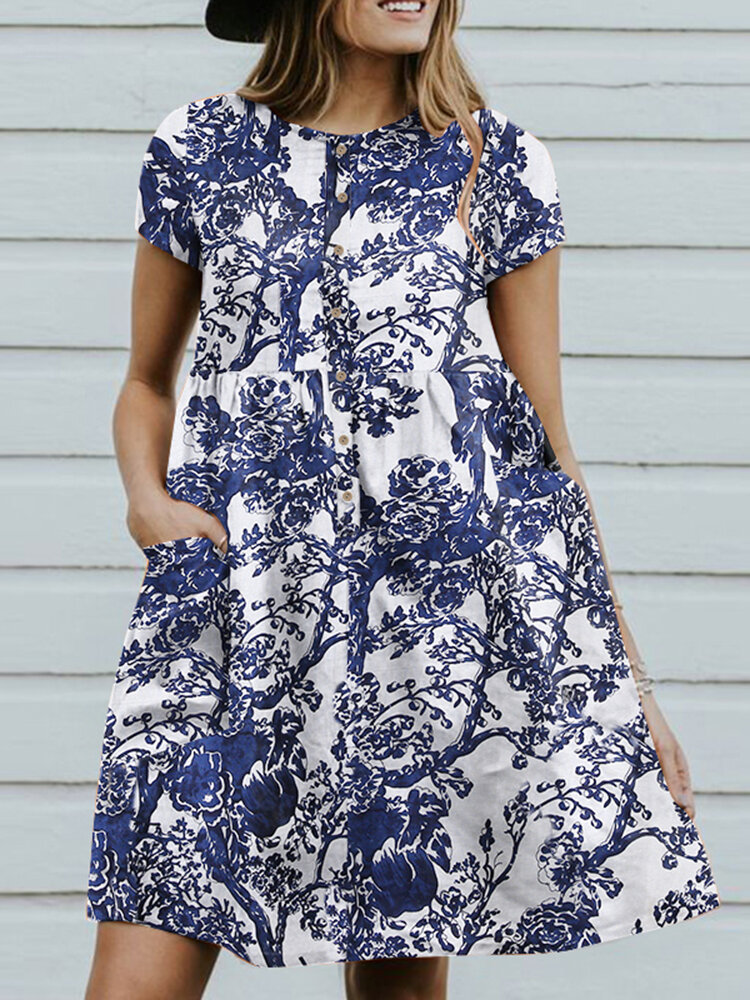 Cotton Plant Print Button Pocket Short Sleeve Midi Dress Cotton Plant Print Button Pocket Short Sleeve Midi Dress