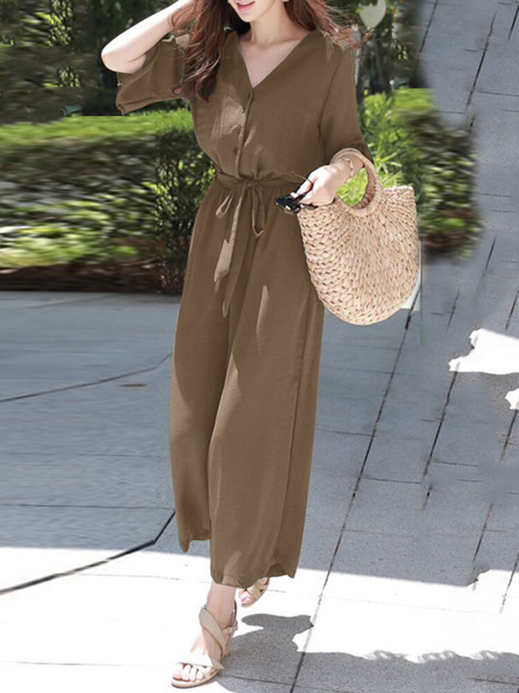 Solid Belt Pocket Button Ruffle Sleeve V  neck Jumpsuit