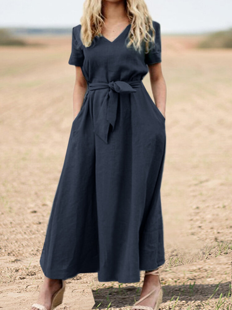Solid Pocket Sash Short Sleeve Cotton Casual Maxi Dress Solid Pocket Sash Short Sleeve Cotton Casual Maxi Dress