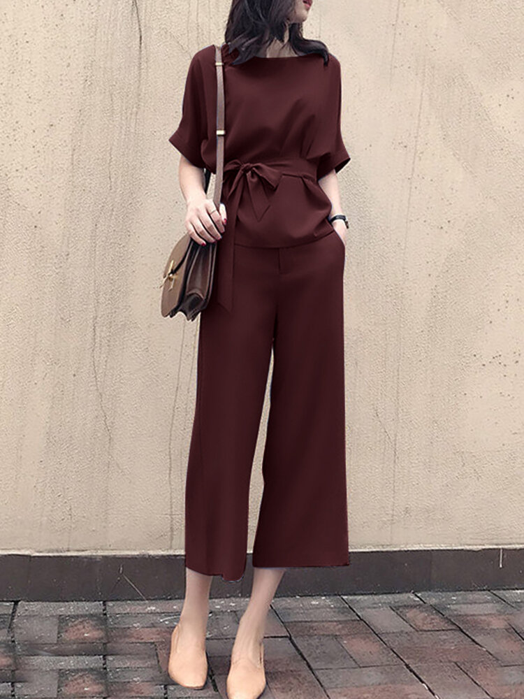 Solid Belt Pocket Rolled Sleeve Wide Leg Two Pieces Suit