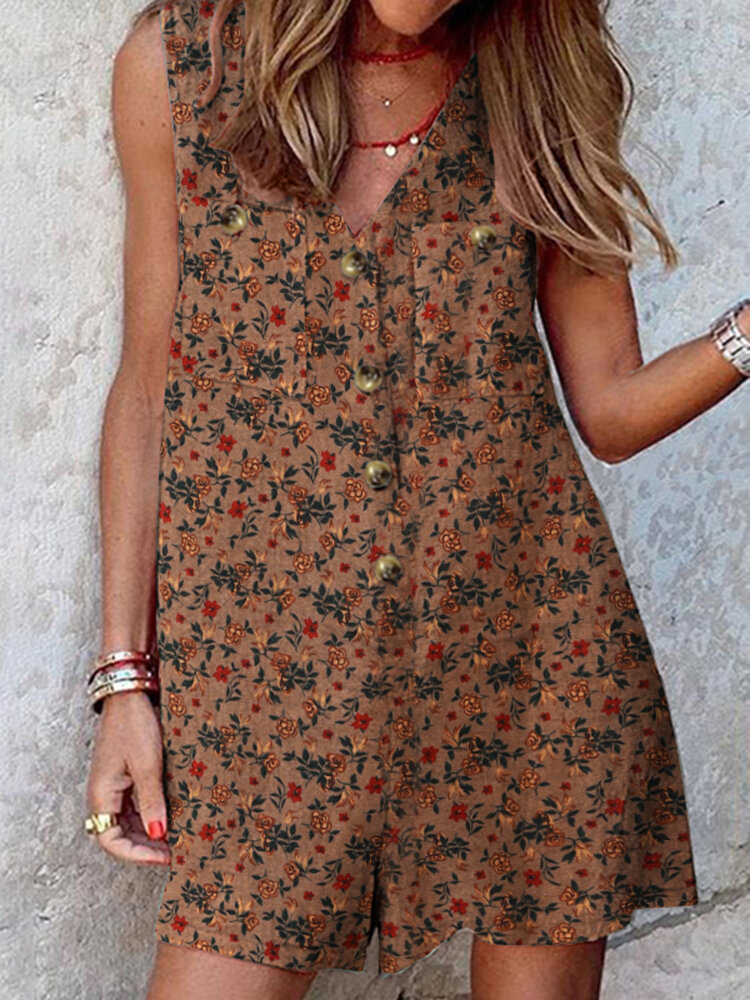 Leisure Calico Button Pocket Sleeveless V Neck Cotton Romper Leisure Calico Button Pocket Sleeveless V Neck Cotton Romper