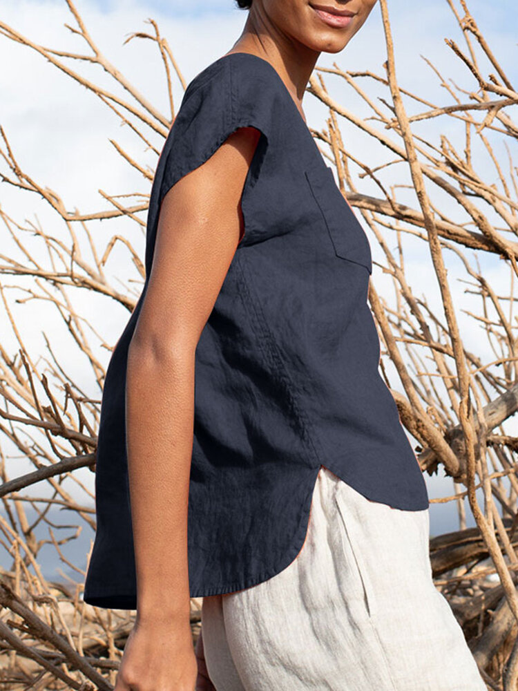 Solid Pocket Slit V neck Short Sleeve Casual Blouse Solid Pocket Slit V neck Short Sleeve Casual Blouse