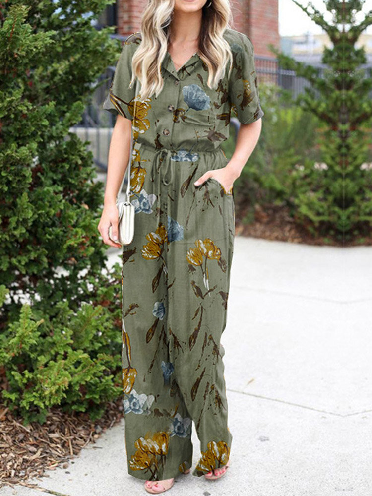 Floral Print Button Pocket Short Sleeve Wide Leg Jumpsuit Floral Print Button Pocket Short Sleeve Wide Leg Jumpsuit