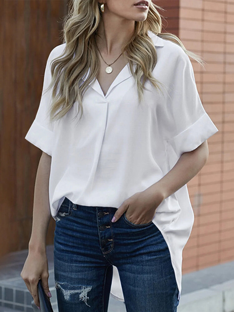 Solid Lapel Half Sleeve Casual Blouse Solid Lapel Half Sleeve Casual Blouse
