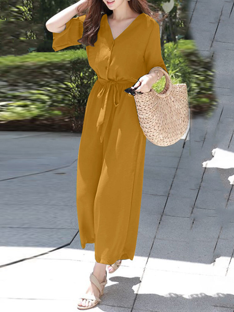 Solid Belt Pocket Button Ruffle Sleeve V neck Jumpsuit Solid Belt Pocket Button Ruffle Sleeve V neck Jumpsuit