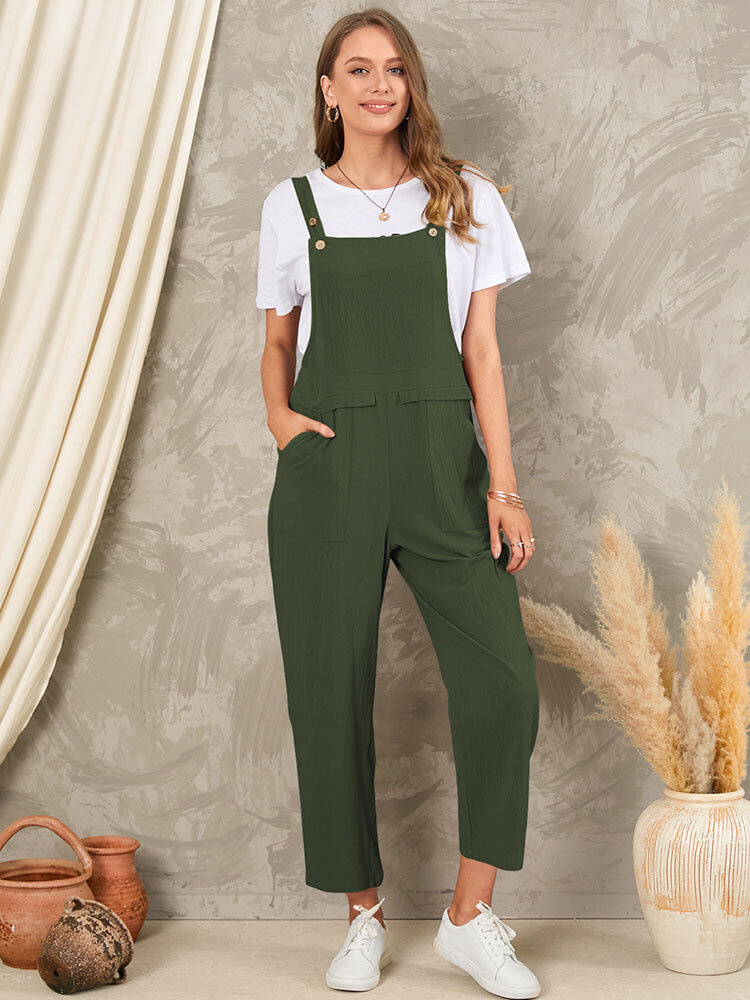 Solid Pocket Sleeveless Button Casual Jumpsuit For Women Solid Pocket Sleeveless Button Casual Jumpsuit For Women
