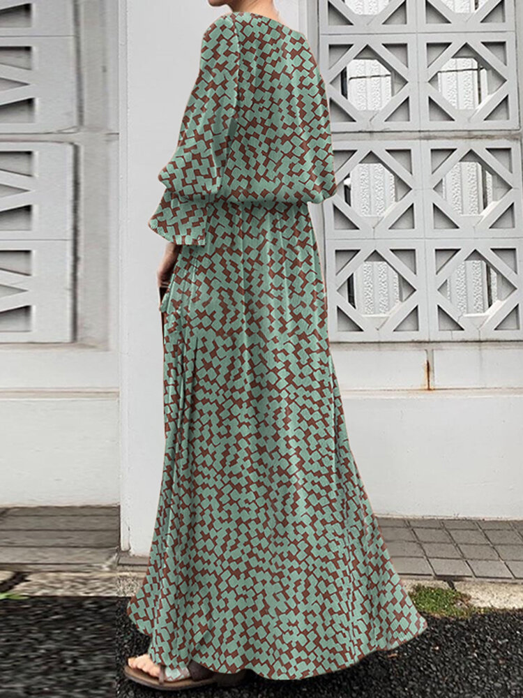 Geo Print Long Sleeve Slit Side Crew Neck Maxi Dress Geo Print Long Sleeve Slit Side Crew Neck Maxi Dress