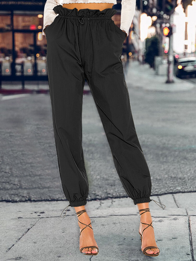 Solid Color Drawstring High Waist Elastic Casual Pants With Pockets Solid Color Drawstring High Waist Elastic Casual Pants With Pockets