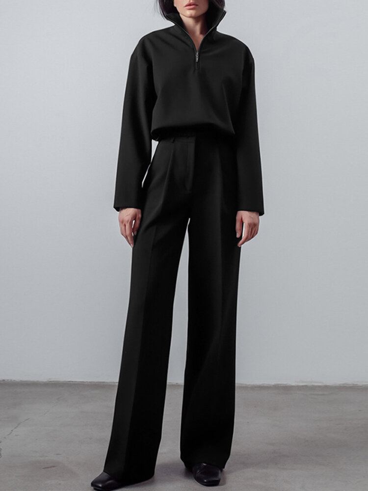 Solid Zip Front Hasp Long Sleeve Lapel Two Pieces Set