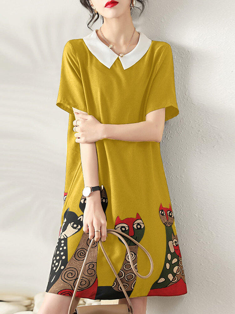 Cartoon Cat Print Contrast Peter Pan Collar Short Sleeve Dress Cartoon Cat Print Contrast Peter Pan Collar Short Sleeve Dress