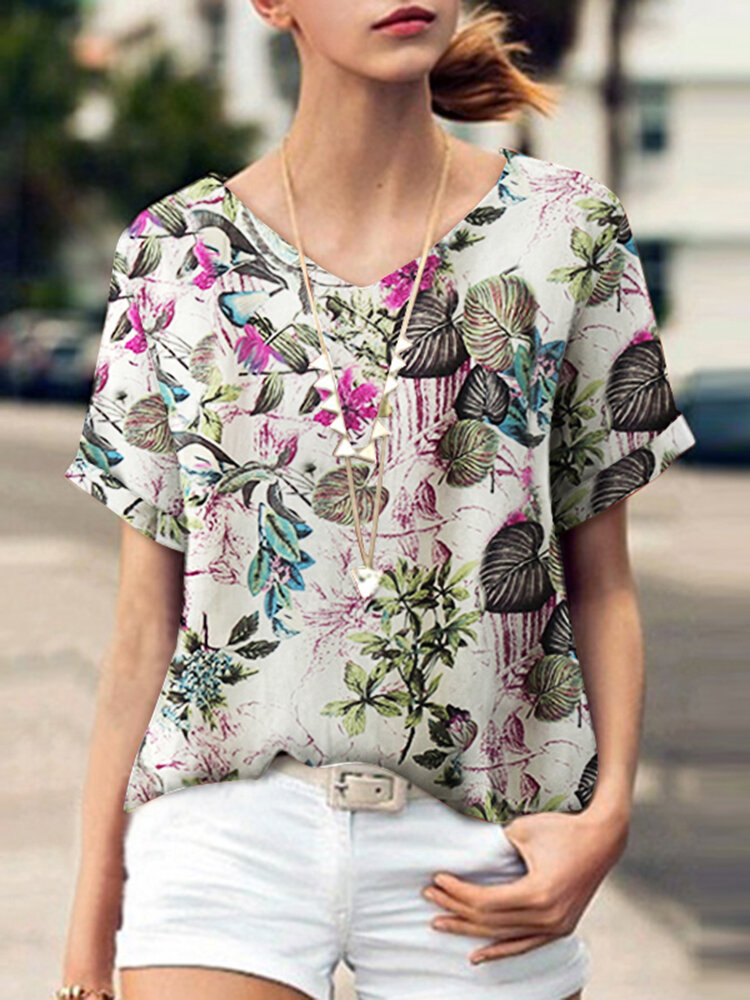 Plant Print V Neck Short Sleeve Casual Blouse