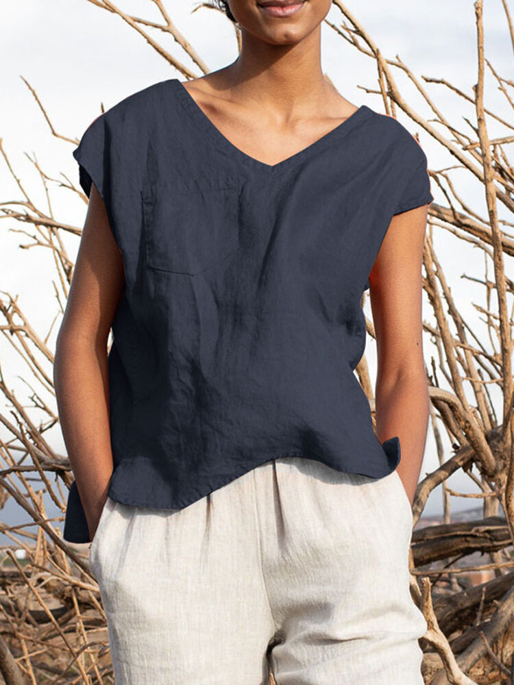 Solid Pocket Slit V neck Short Sleeve Casual Blouse Solid Pocket Slit V neck Short Sleeve Casual Blouse