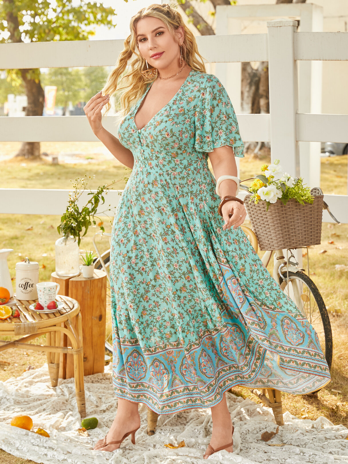 Plus Size V neck Tribal Button Design Short Sleeves Maxi Dress Plus Size V neck Tribal Button Design Short Sleeves Maxi Dress