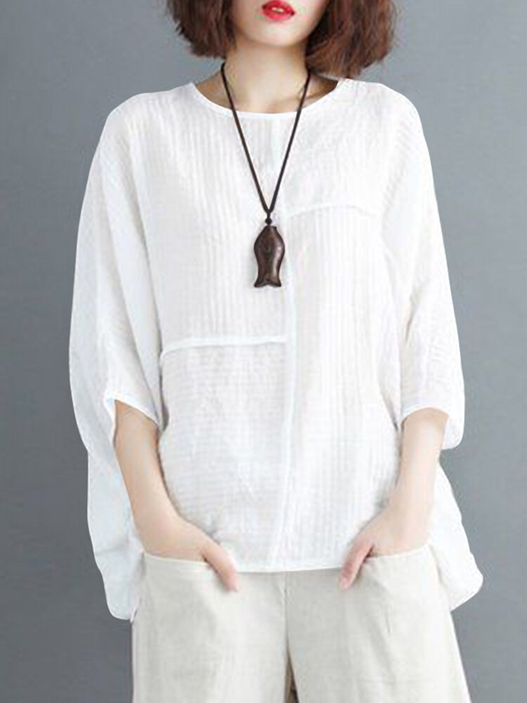 Solid Round Neck Bat Sleeve Casual Blouse Solid Round Neck Bat Sleeve Casual Blouse