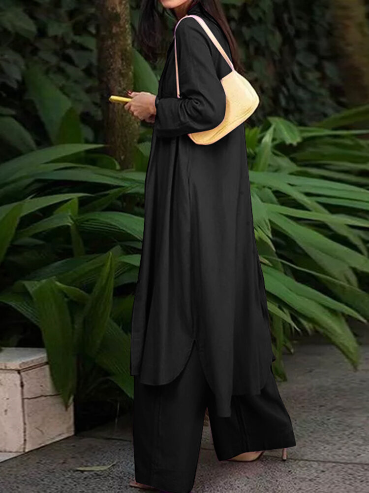 Solid Pocket Button Lapel Long Sleeve Two Pieces Set Women Solid Pocket Button Lapel Long Sleeve Two Pieces Set Women