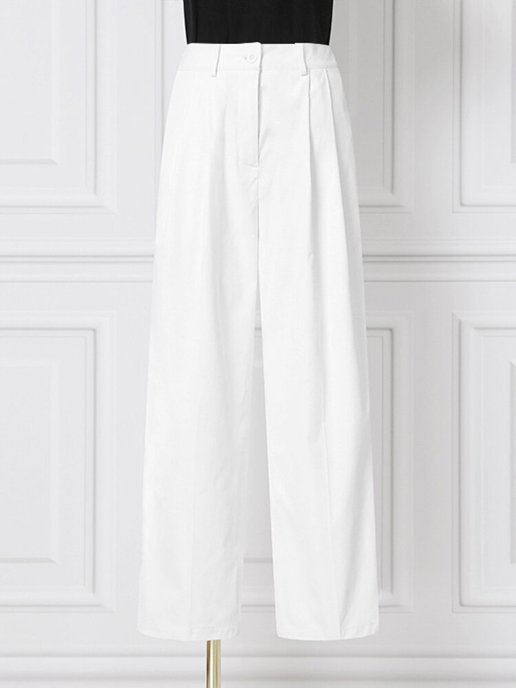 Women Zipper Pleated Commute Button Side Pocket Solid Casual Pants Women Zipper Pleated Commute Button Side Pocket Solid Casual Pants