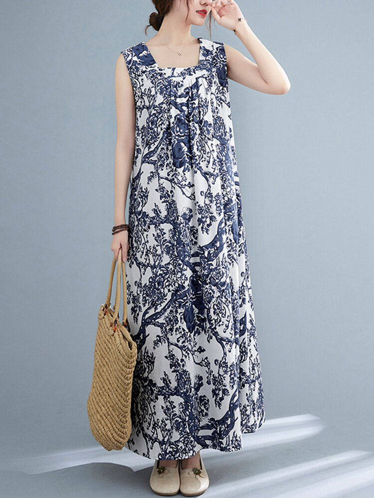 Plant Print Ruched Sleeveless Casual Maxi Cotton Dress Plant Print Ruched Sleeveless Casual Maxi Cotton Dress