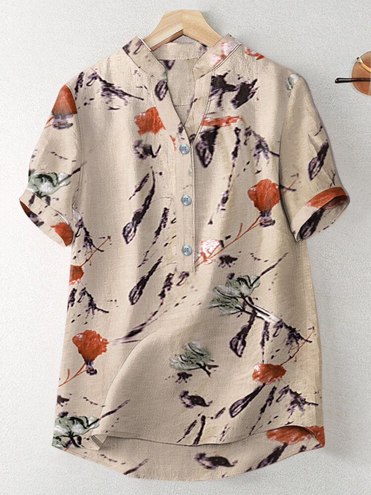 Random Flower Print Button Short Sleeve V  neck Blouse
