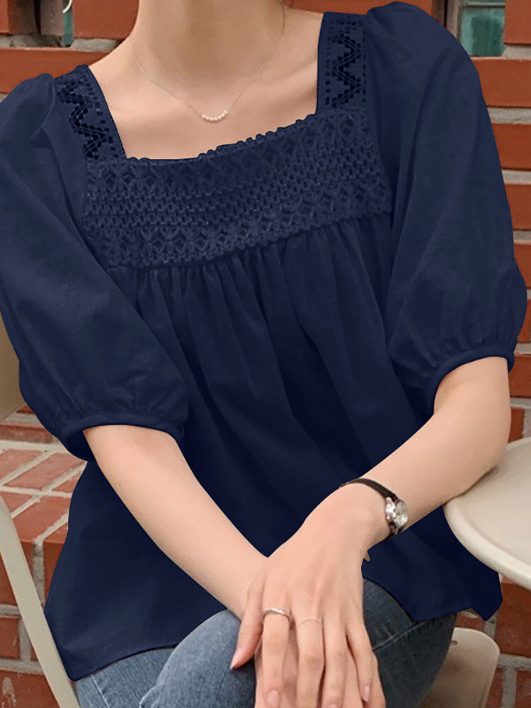 Solid Lace Patchwork Square Collar Short Sleeve Casual Cotton Blouse