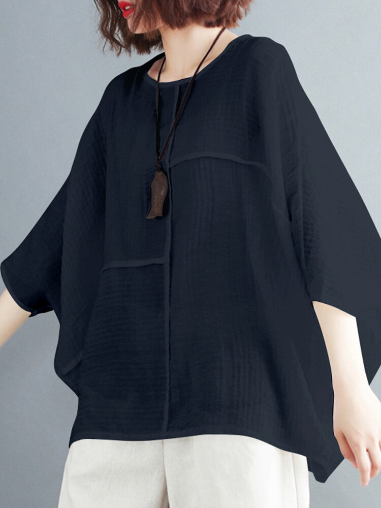 Solid Round Neck Bat Sleeve Casual Blouse Solid Round Neck Bat Sleeve Casual Blouse