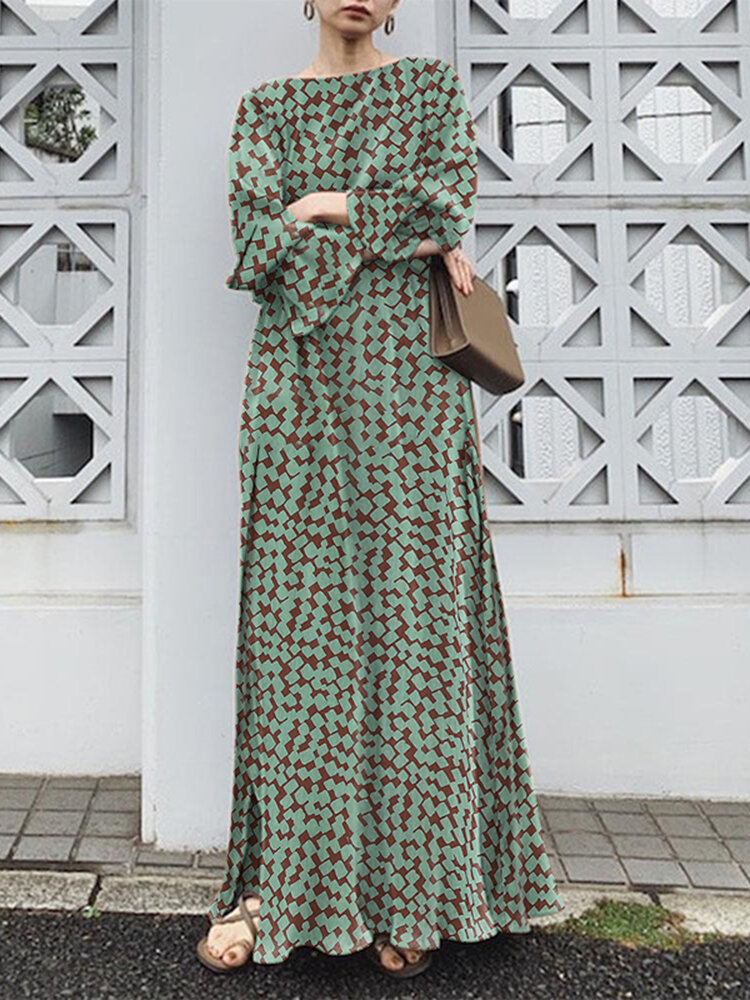 Geo Print Long Sleeve Slit Side Crew Neck Maxi Dress