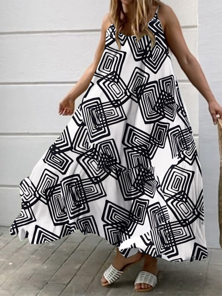 Geometry Print Backless Sleeveless V Neck Spaghetti Maxi Dress