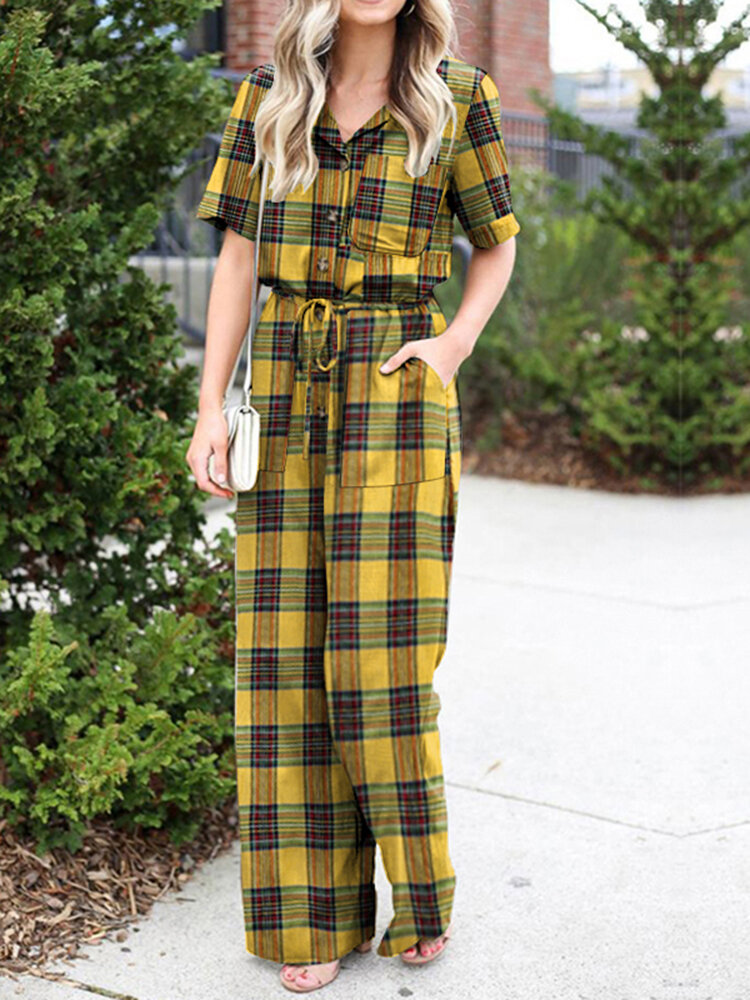 Plaid Print Button Pocket Short Sleeve Wide Leg Jumpsuit