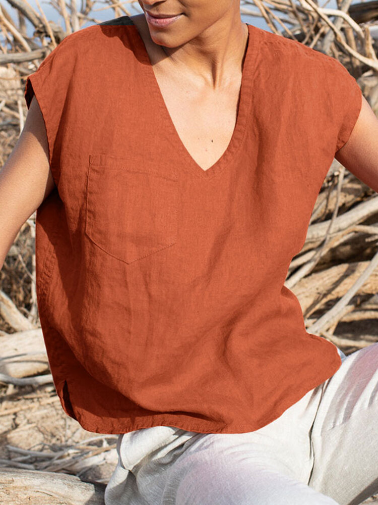 Solid Pocket Slit V neck Short Sleeve Casual Blouse Solid Pocket Slit V neck Short Sleeve Casual Blouse