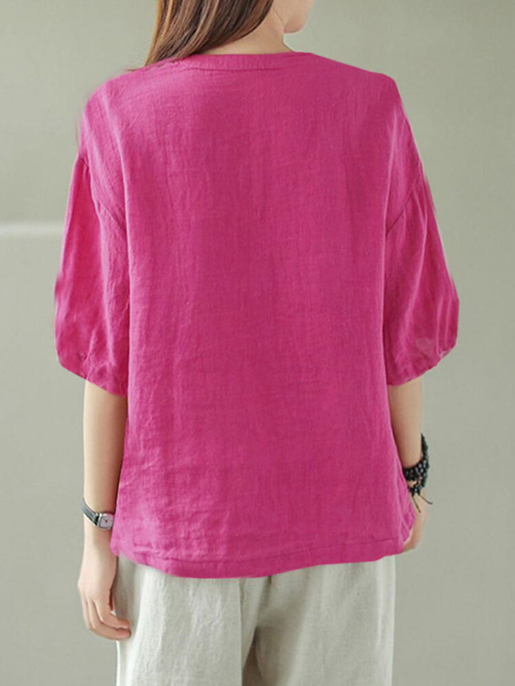 Solid Button Pocket V Neck Half Sleeve Casual Cotton Blouse Solid Button Pocket V Neck Half Sleeve Casual Cotton Blouse