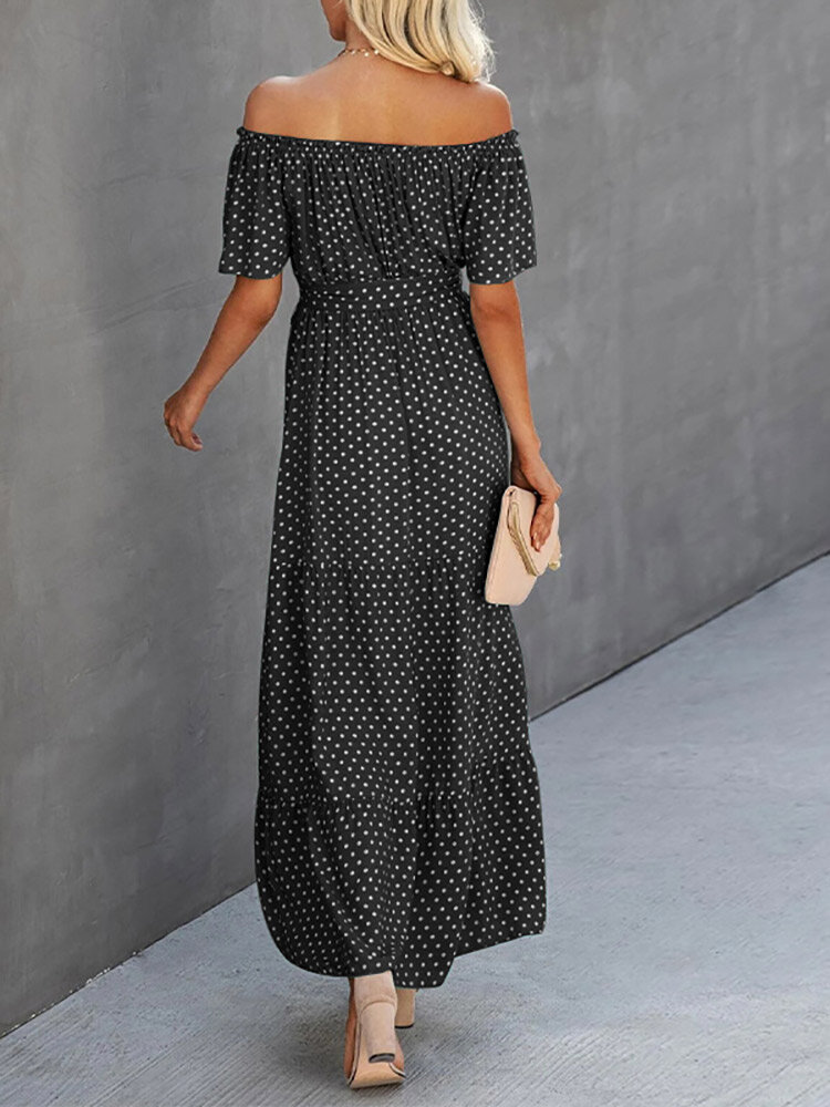 Dot Print Off Shoulder Short Sleeve Dress With Belt Dot Print Off Shoulder Short Sleeve Dress With Belt