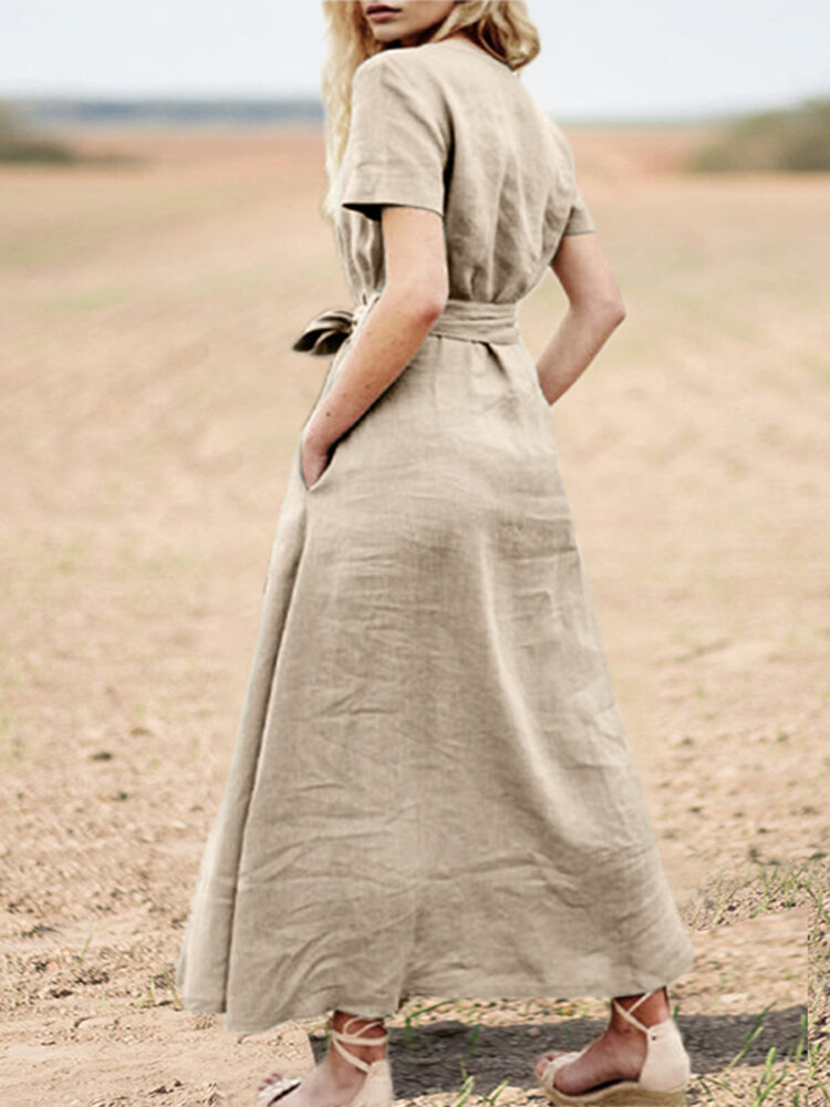 Solid Pocket Sash Short Sleeve Cotton Casual Maxi Dress