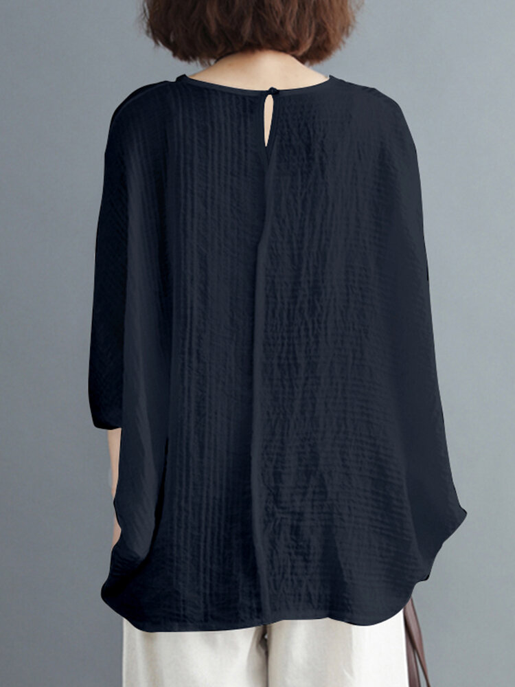 Solid Round Neck Bat Sleeve Casual Blouse