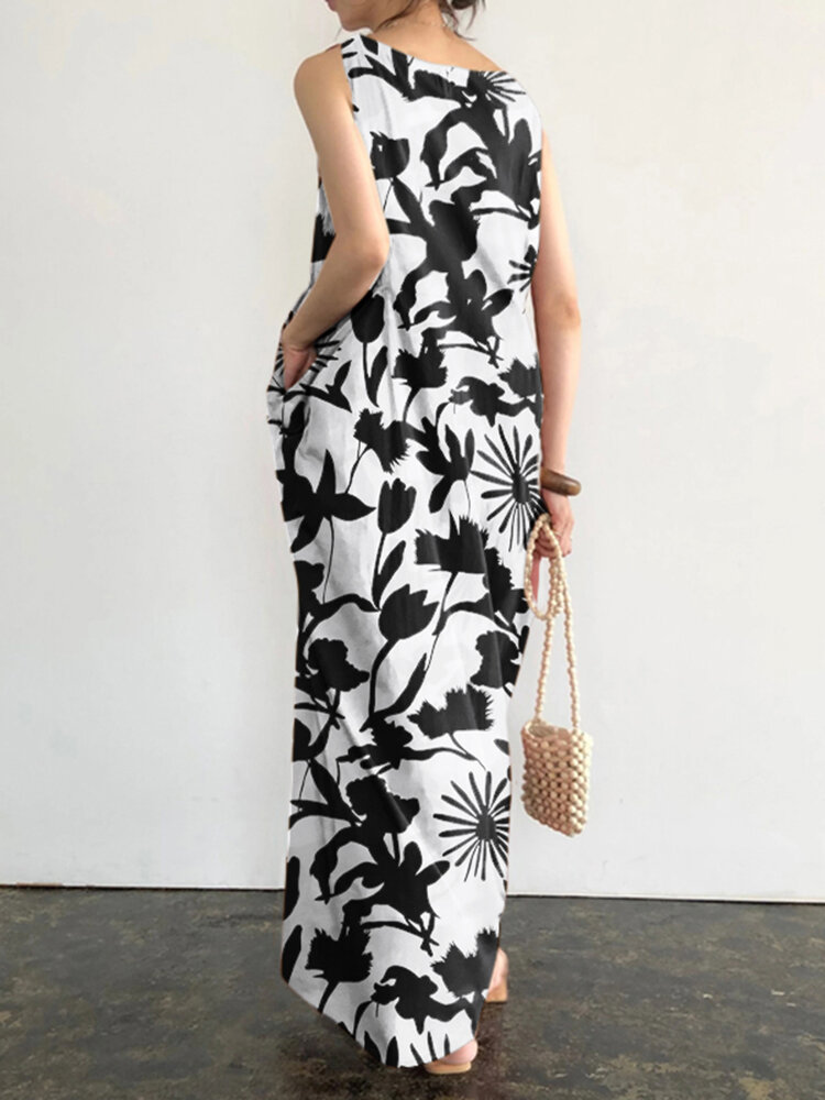 Plant Print Pocket Round Neck Sleeveless Print Dress Plant Print Pocket Round Neck Sleeveless Print Dress