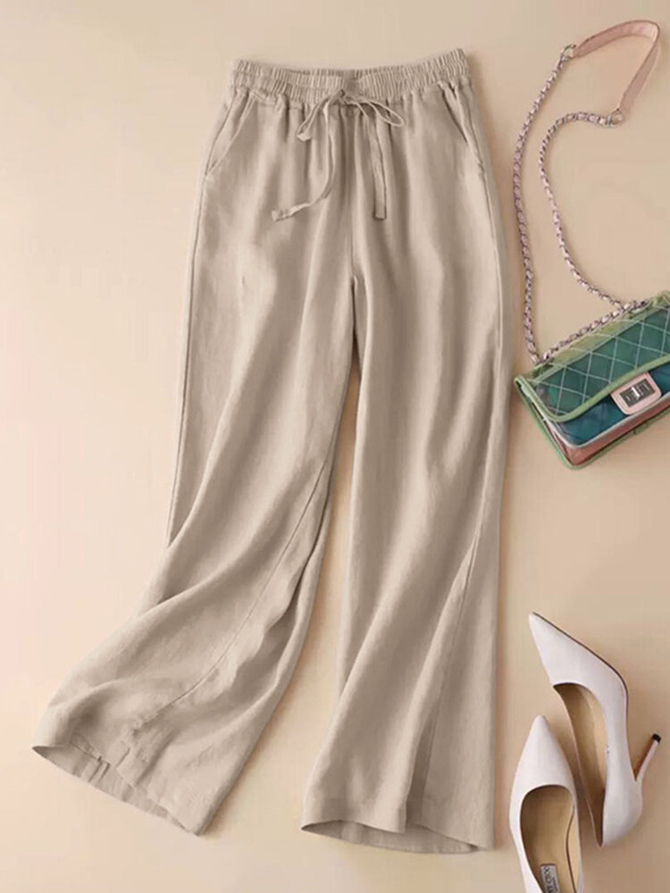 Solid Drawstring Pocket Elastic Waist Casual Pants