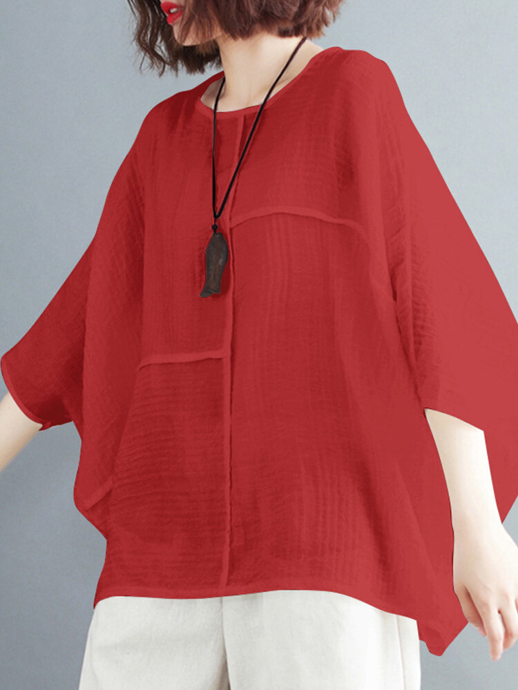 Solid Round Neck Bat Sleeve Casual Blouse Solid Round Neck Bat Sleeve Casual Blouse