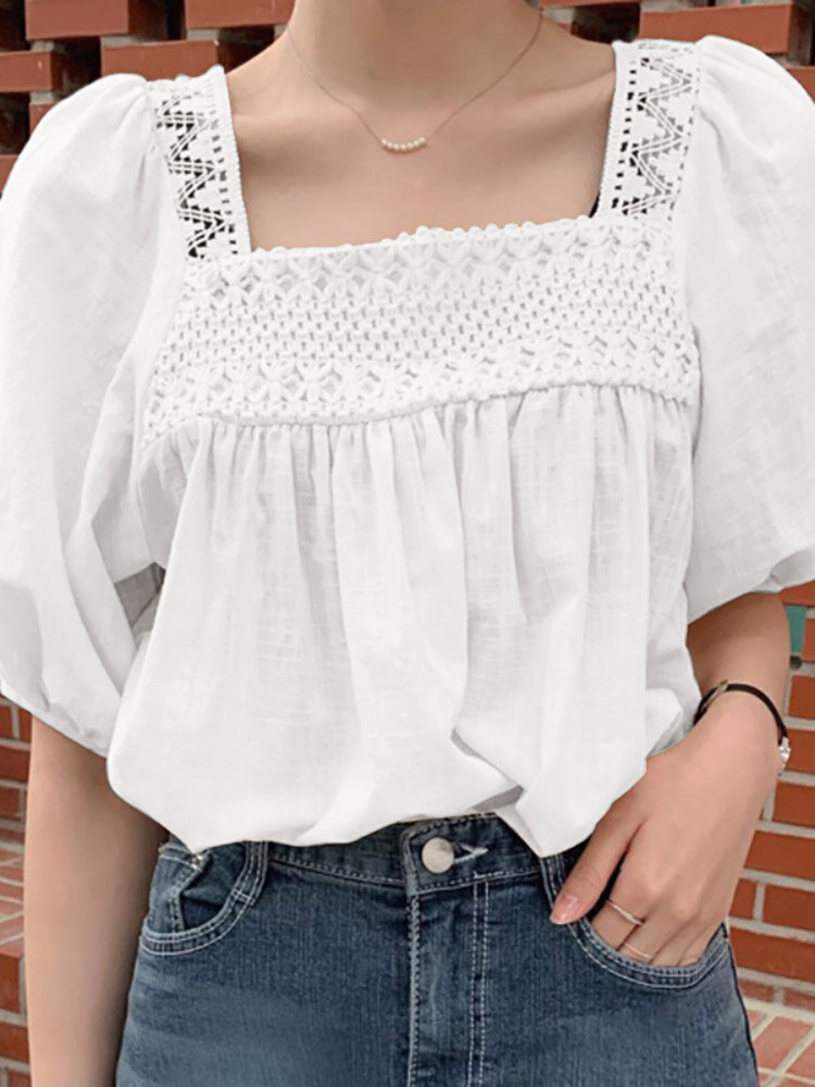 Solid Lace Patchwork Square Collar Short Sleeve Casual Cotton Blouse Solid Lace Patchwork Square Collar Short Sleeve Casual Cotton Blouse