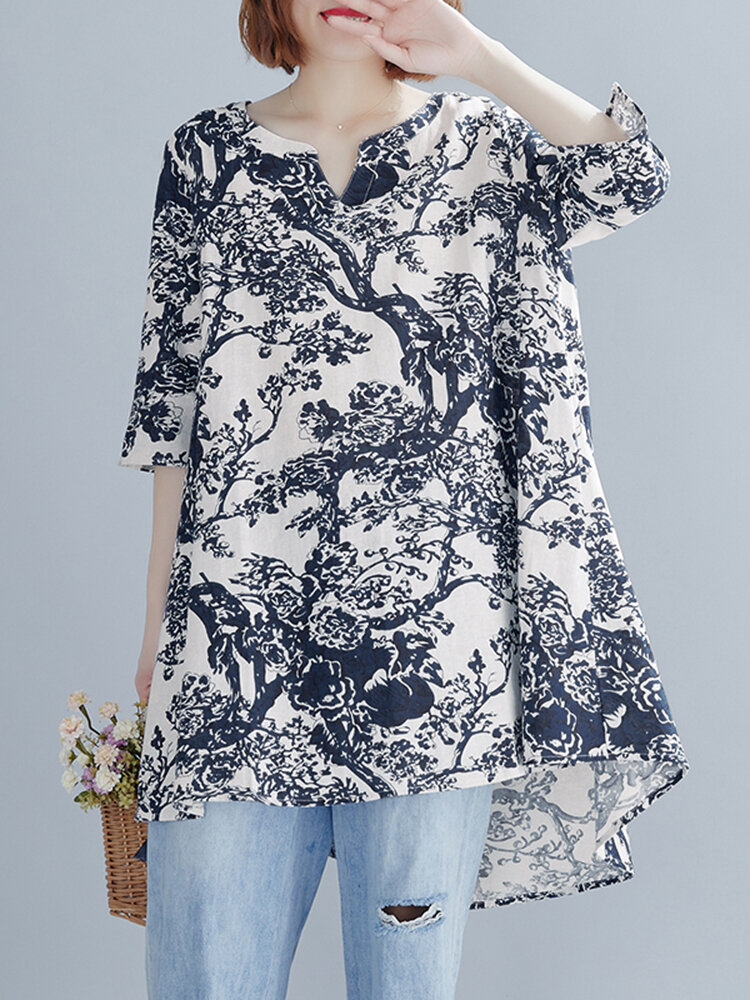 Plant Print Split V Neck High Low Hem Cotton Casual Blouse Plant Print Split V Neck High Low Hem Cotton Casual Blouse