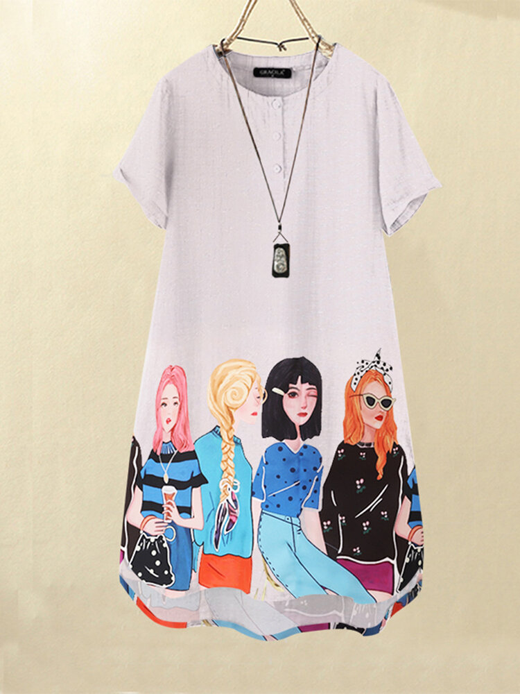 Cartoon Girls Graphic Pocket Short Sleeve Button Dress