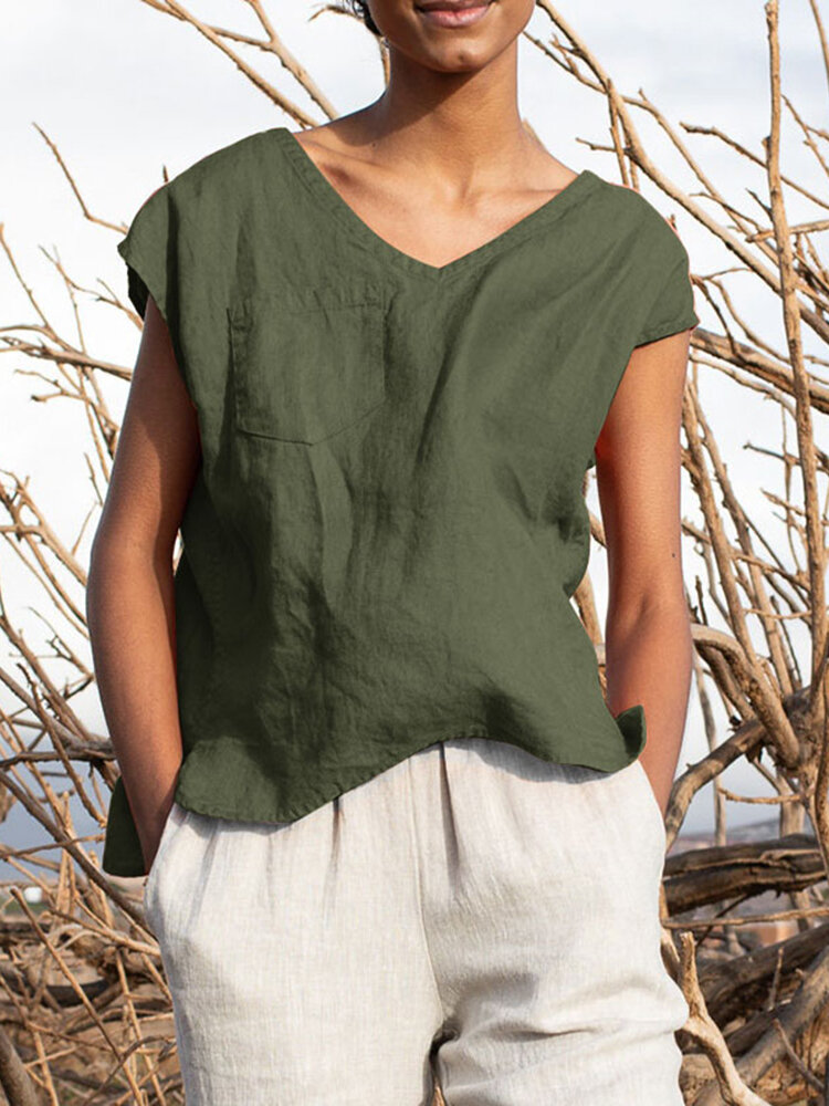 Solid Pocket Slit V neck Short Sleeve Casual Blouse Solid Pocket Slit V neck Short Sleeve Casual Blouse