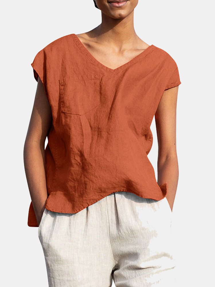 Solid Pocket Slit V  neck Short Sleeve Casual Blouse