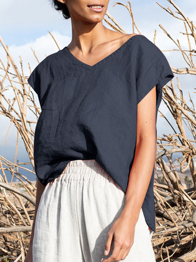 Solid Pocket Slit V neck Short Sleeve Casual Blouse Solid Pocket Slit V neck Short Sleeve Casual Blouse