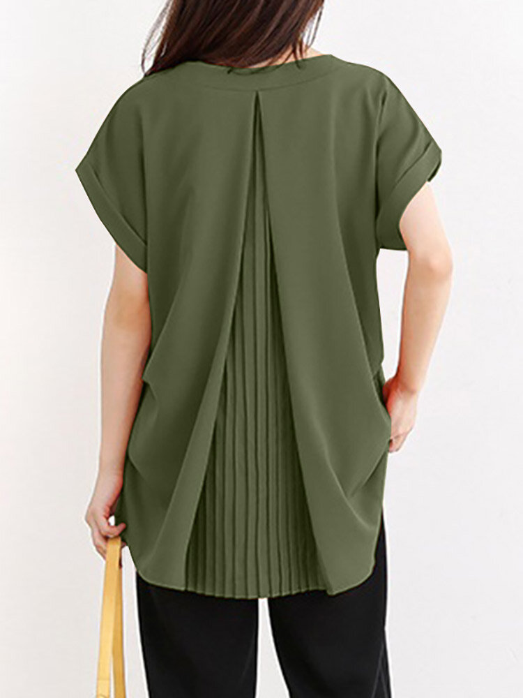 Solid Ruched Short Sleeve V Neck Casual Blouse Solid Ruched Short Sleeve V Neck Casual Blouse