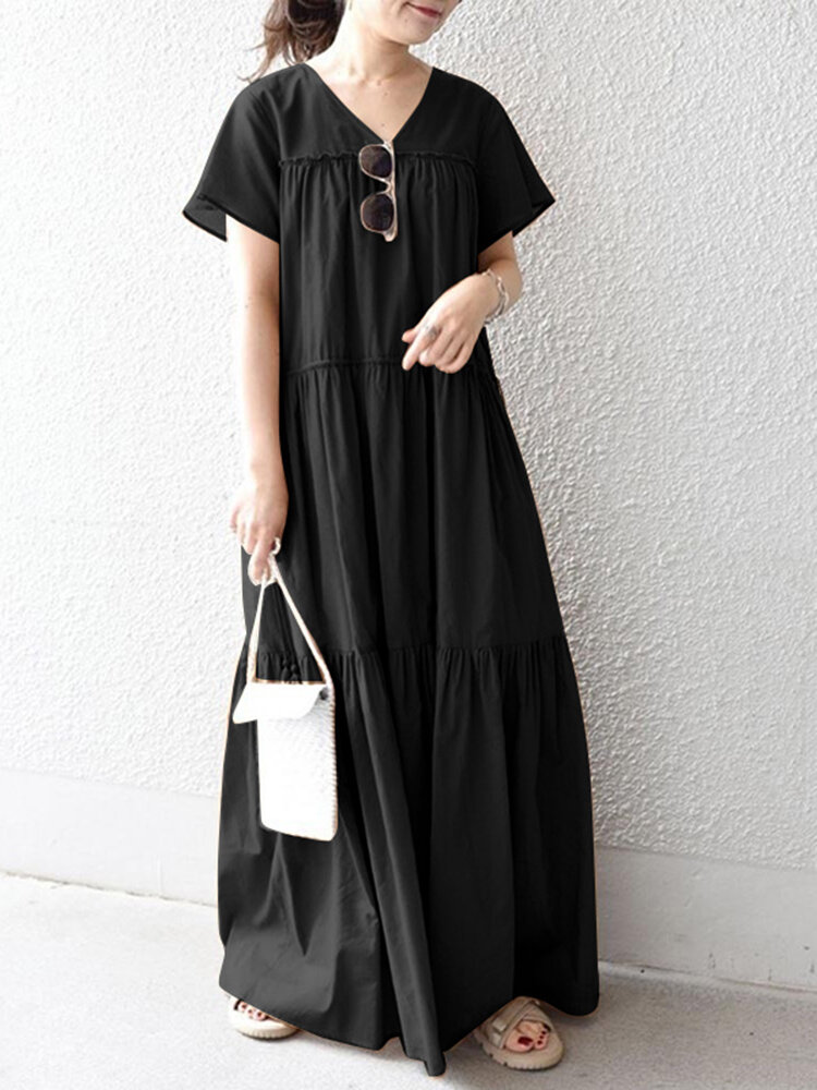 Solid Lettuce Edge V  neck Short Sleeve Swing Maxi Dress
